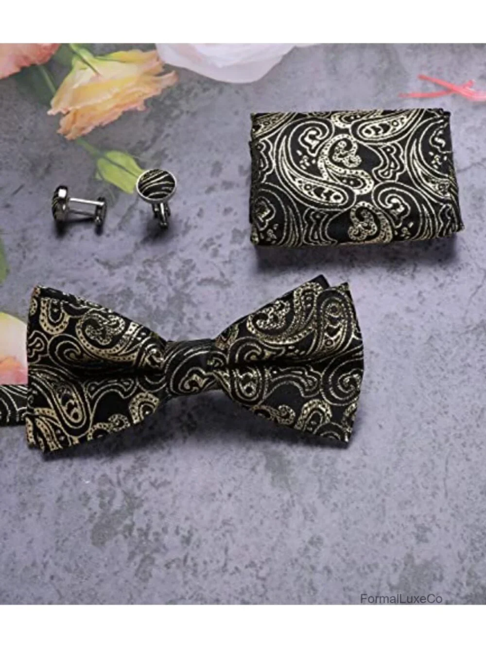 Silk Pre-Tied Bowtie Set with Handkerchief & Cufflinks, Gift Box